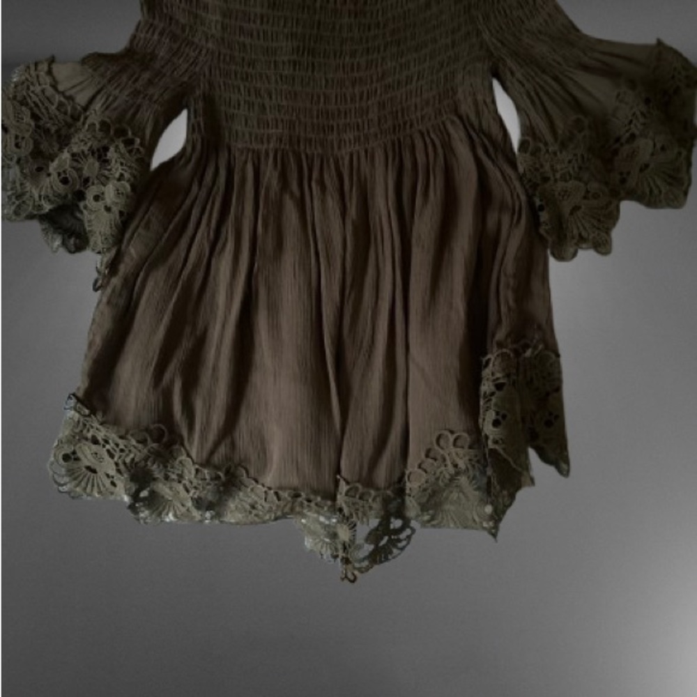 Elegant Olive Green Lace Trim Blouse